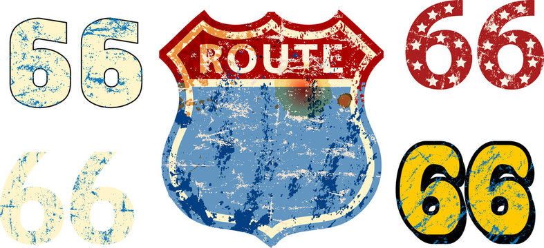 vintage battered blank route 66 road sign mock up with various typefaces ,retro grungy vector illustration, fictional artwork
