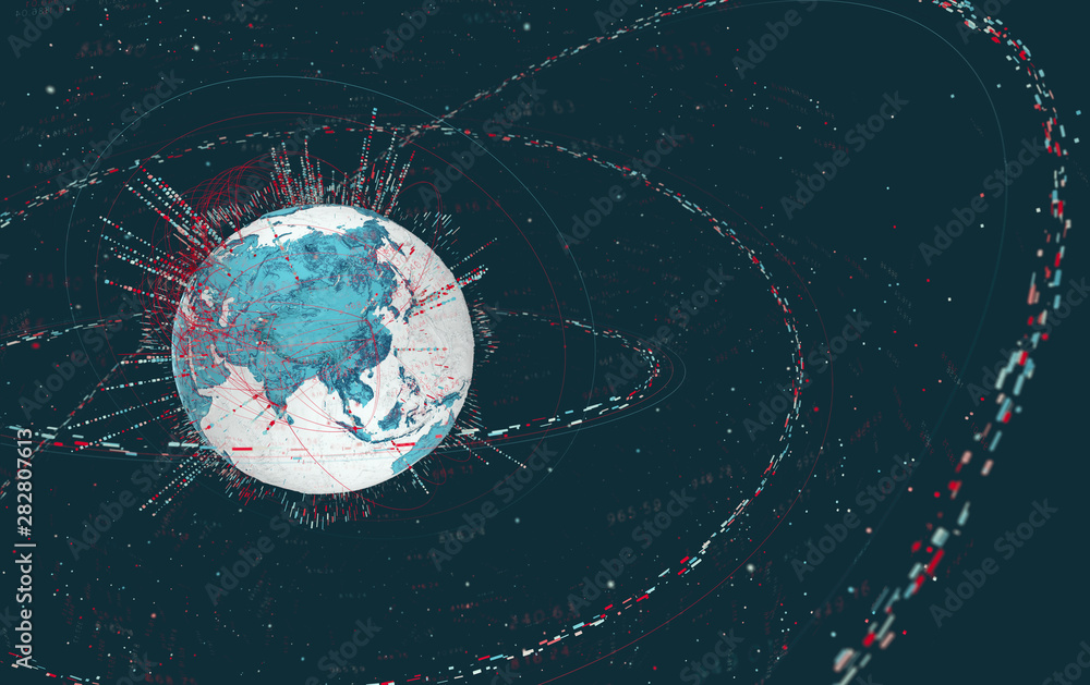 Aufkleber 3d data globe - abstract illustration of a scientific technology data network surrounding planet earth conveying connectivity, complexity and data flood of modern digital age