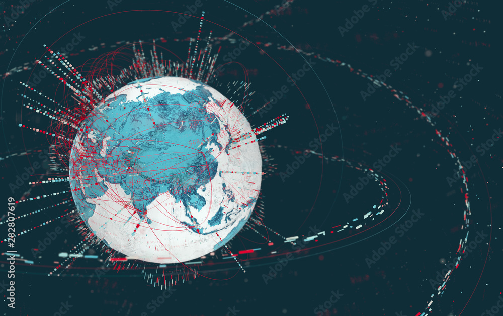 Leinwandbilder 3d data globe - abstract illustration of a scientific technology data network surrounding planet ear