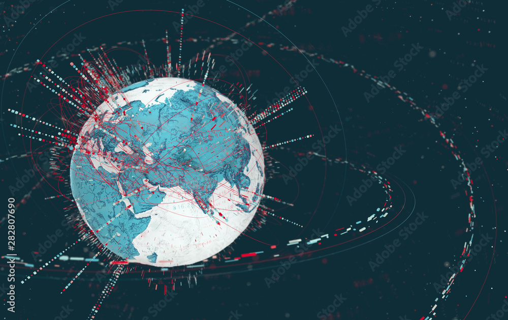 Leinwandbilder 3d data globe - abstract illustration of a scientific technology data network surrounding planet ear