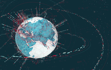 3d data globe - abstract illustration of a scientific technology data network surrounding planet earth conveying connectivity, complexity and data flood of modern digital age