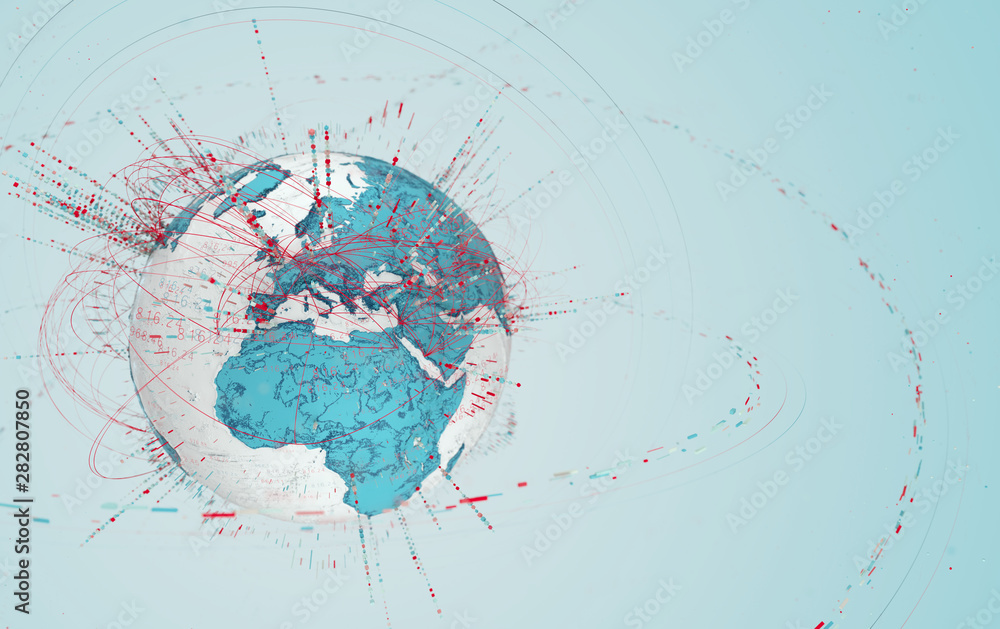Poster 3d data globe - abstract illustration of a scientific technology data network surrounding planet ear