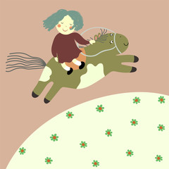 Obraz premium Vector cartoon Illustration of small girl riding a&nbsp;pony on the funny background with the meadow with flowers. Cute funny Girl riding a horse.