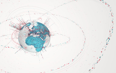 3d data globe - abstract illustration of a scientific technology data network surrounding planet earth conveying connectivity, complexity and data flood of modern digital age