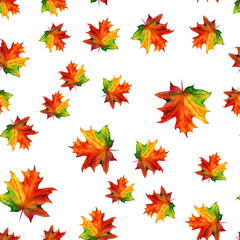 Seamless pattern with autumn maple leaves. Watercolor design for fabric, packaging, paper. Hand drawn