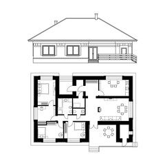 Architectural project of a house. Drawing of the facade and floor plan of the cottage. Vector realistic illustration.