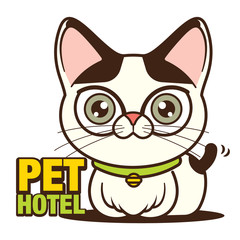 Cute cat sitting beside with pet hotel signboard. Cartoon cat illustration logo. Cute cat mascot character - vector