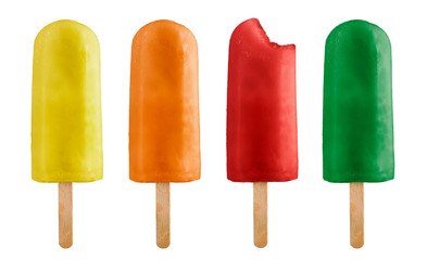 variety of fruits ice lolly with one bitten, isolated on white background