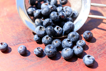 Blueberry on wooden table background. Ripe and juicy fresh picked blueberries closeup. 
