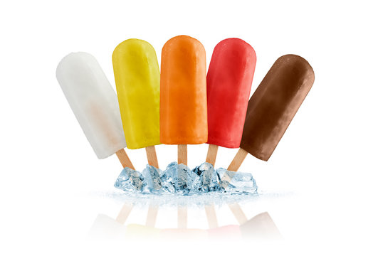 variety of fruits ice lolly on ice cubes, on white background