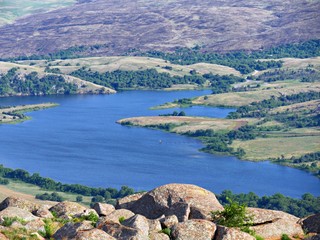 Close up aerial view of Lake Lawtonka seen from the peak of Mt. Scott, Oklahoma, USA.