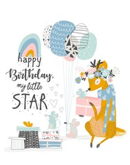 Greeting Birthday card with cute deer and mouses