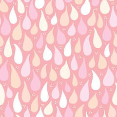 Seamless design of hand drawn pastel pink raindrops and dots . A cute weather vector repeat pattern ideal for children and baby projects.