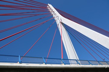 Cable-stayed bridge on the Vistula river. Cars passing the bridge. Gdansk/Poland