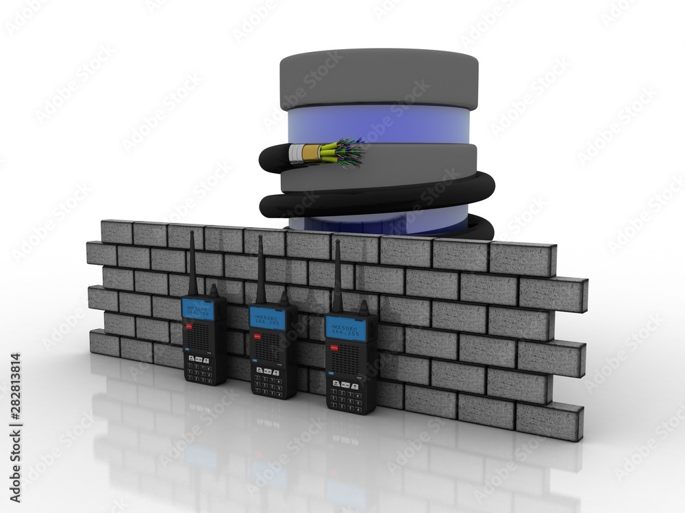 Poster 3d rendering fiber optical cable detail connected database with radio transceivers