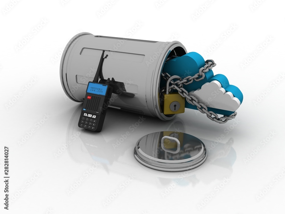 Poster 3d rendering latest radio transceivers with cloud lock in bin