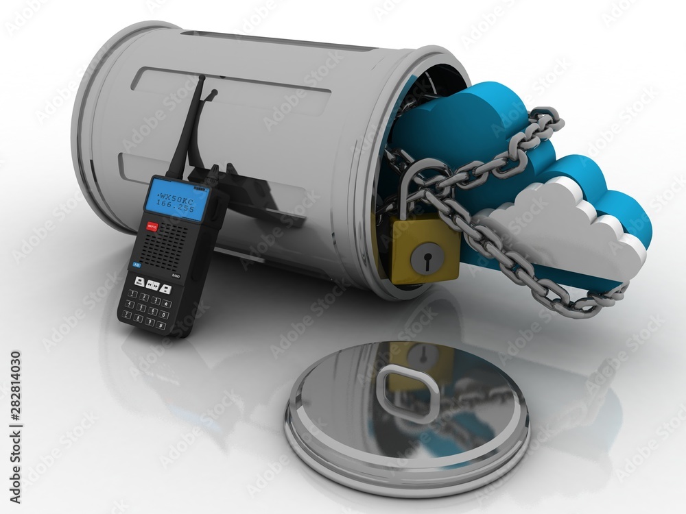 Poster 3d rendering latest radio transceivers with cloud lock in bin