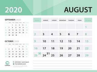 August 2020, Desk Calendar 2020 vector Design, green concept for business; Week Start On Sunday, Planner, Stationery, Printing, Size : 8 x 6 inch