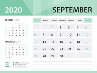 September 2020, Desk Calendar 2020 vector Design, green concept for business; Week Start On Sunday, Planner, Stationery, Printing, Size : 8 x 6 inch