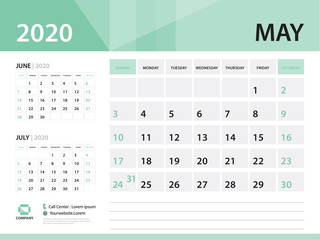 MAY 2020, Desk Calendar 2020 vector Design, green concept for business; Week Start On Sunday, Planner, Stationery, Printing, Size : 8 x 6 inch