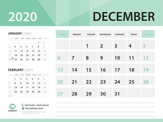 December 2020, Desk Calendar 2020 vector Design, green concept for business; Week Start On Sunday, Planner, Stationery, Printing, Size : 8 x 6 inch