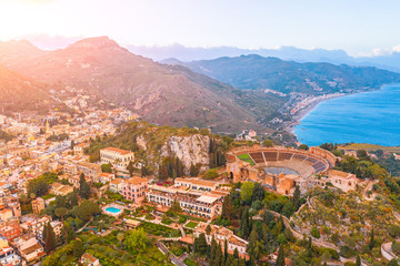 Taormina theater, amphitheater, arena is a town on the island of Sicily, Italy. Aerial view from...