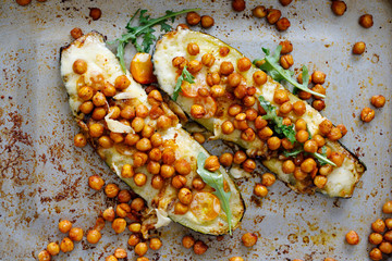 Baked courgette with cheese and crispy spicy chickpeas