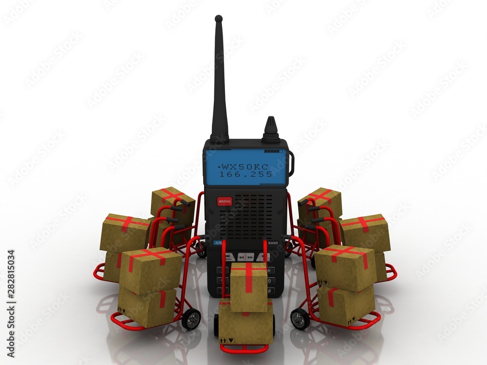Poster 3d rendering cardboard boxes in shopping cart with radio transceivers