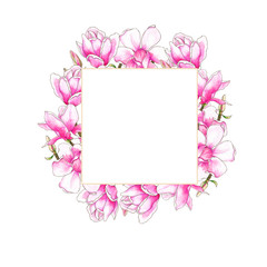 Watercolor botanical illustration. Pink magnolias. Wedding invitation. Greeting card. Set of wedding design.