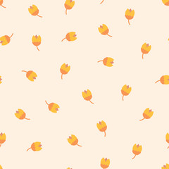 Scandinavian tulip flowers seamless vector pattern. Small folk florals repeating background. Scattered ditsy flowers yellow orange pink . Fabric, girls, nursery, page fill, packaging, digital paper.