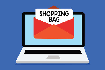 Word writing text Shopping Bag. Business concept for Containers for carrying personal possessions or purchases Computer receiving email important message envelope with paper virtual
