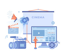 Film Production, Film making concept. Movie camera, loud speaker, clapper board, cine-film, video editor on screen, award statue, cinema screen. Vector illustration on white background.