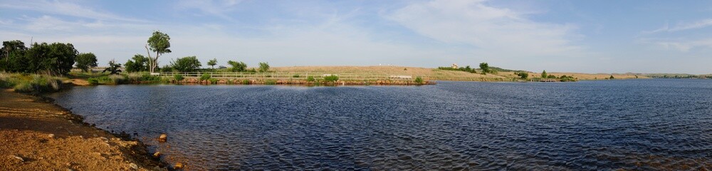 Panoramic view of Lake Elmer Thomas late in the afternoon in Comanche County, Oklahoma.