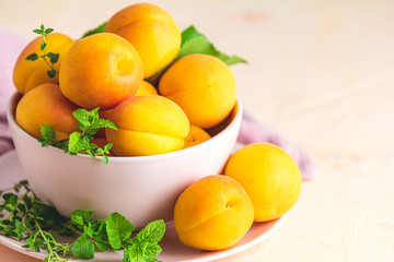 Fresh sweet orange apricots in pink bowl on the pink concrete surface table, selective focus, shallow depth of the fields