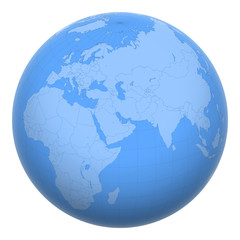 Bahrain on the globe. Earth centered at the location of the Kingdom of Bahrain. Map of Bahrain. Includes layer with capital cities.