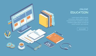 Online education, training, courses, e-learning, distance learning, exam preparation, home schooling. Web banner background. Workplace with monitor, books, notepad, pencil, tea donut. Isometric 3d 