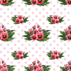 Materiał do szycia Polka dot seamless pattern with Pansies on white background.