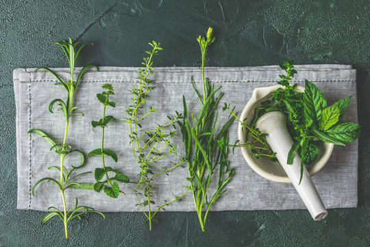Mortar with  herbs and spices. Fresh herbs selection included rosemary, thyme, mint, lemon balm, parsley and arugula. Overhead view, copy space.