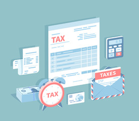 Payment of accounts and taxes. Filling and calculating tax form. Document form, bill, calculator, envelope with tax, pile of money, credit card, alarm clock. Isometric 3d vector illustration.