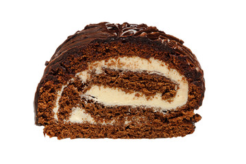 Sweet chocolate roll cake with slice, isolated on white background