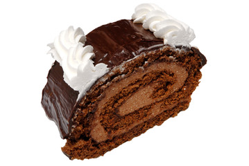 Sweet chocolate roll cake with slice, isolated on white background
