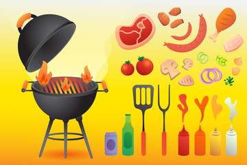 BBQ grill and BBQ tools set flat style vector for card or invitation template  illustration.