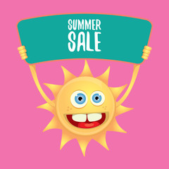 summer sale vector poster or web banner. summer happy sun character holding sign or banner with special offer sale text on pink background