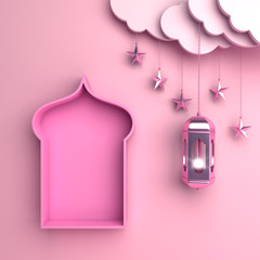 Arabic lantern, crescent, cloud, star, window on pink pastel background. Design creative concept of islamic celebration day ramadan kareem or eid al fitr adha, hajj, hijri, mawlid. 3D illustration.
