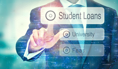 Naklejka na ściany i meble A businessman selecting a Student Loans button on a futuristic display with a concept written on it.