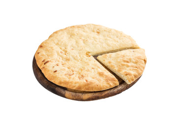 Crispy homemade puff cheese pie with slice isolated on white background