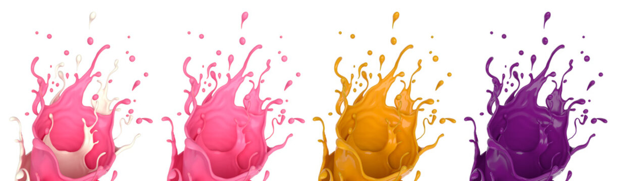 Collection various set of milk cream, pink strawberry juice, orange, purple grape splash liquid, isolated on white background. 3D rendering illustration.