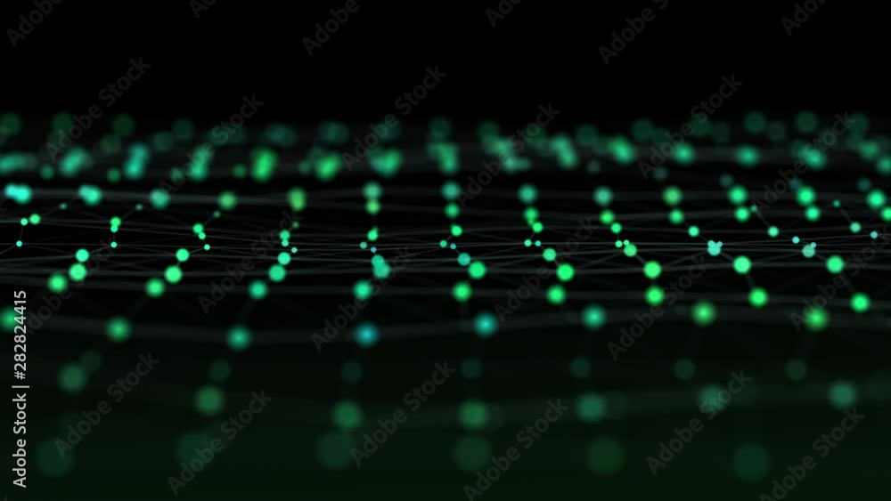 Poster science fiction abstract video background of glowing particles with depth of field and bokeh.