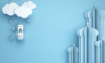Arabic mosque paper cut, hanging lamp on blue pastel background. Design creative concept of islamic celebration day ramadan kareem or eid al fitr adha, hajj, hijri, mawlid, muharram. 3D illustration.