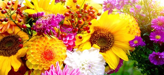 bunter Blumenstrauß mit Dahlien - Grußkarte Blumen